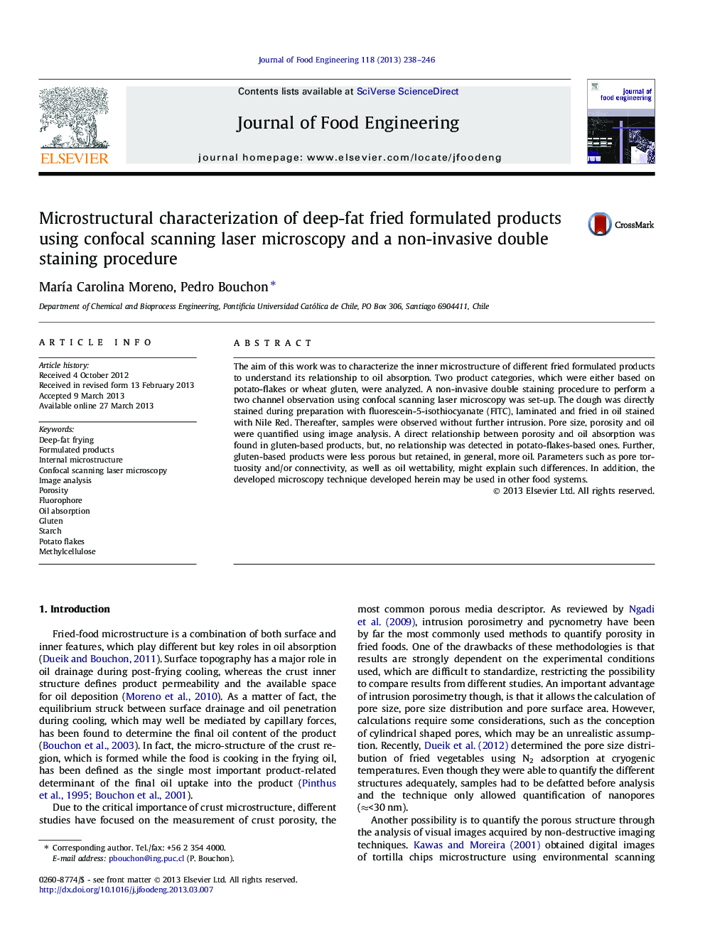 عکس صفحه اول مقاله: Microstructural characterization of deep-fat fried formulated products using confocal scanning laser microscopy and a non-invasive double staining procedure Microstructural characterization of deep-fat fried formulated products using confocal scanning laser microscopy and a non-invasive double staining procedure