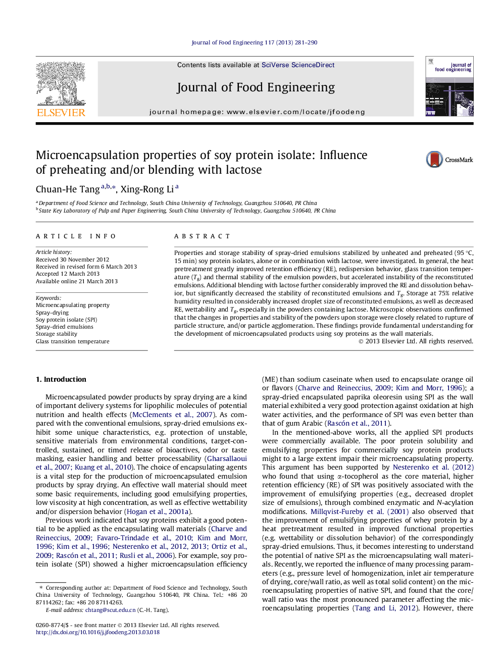 Microencapsulation properties of soy protein isolate: Influence of preheating and/or blending with lactose