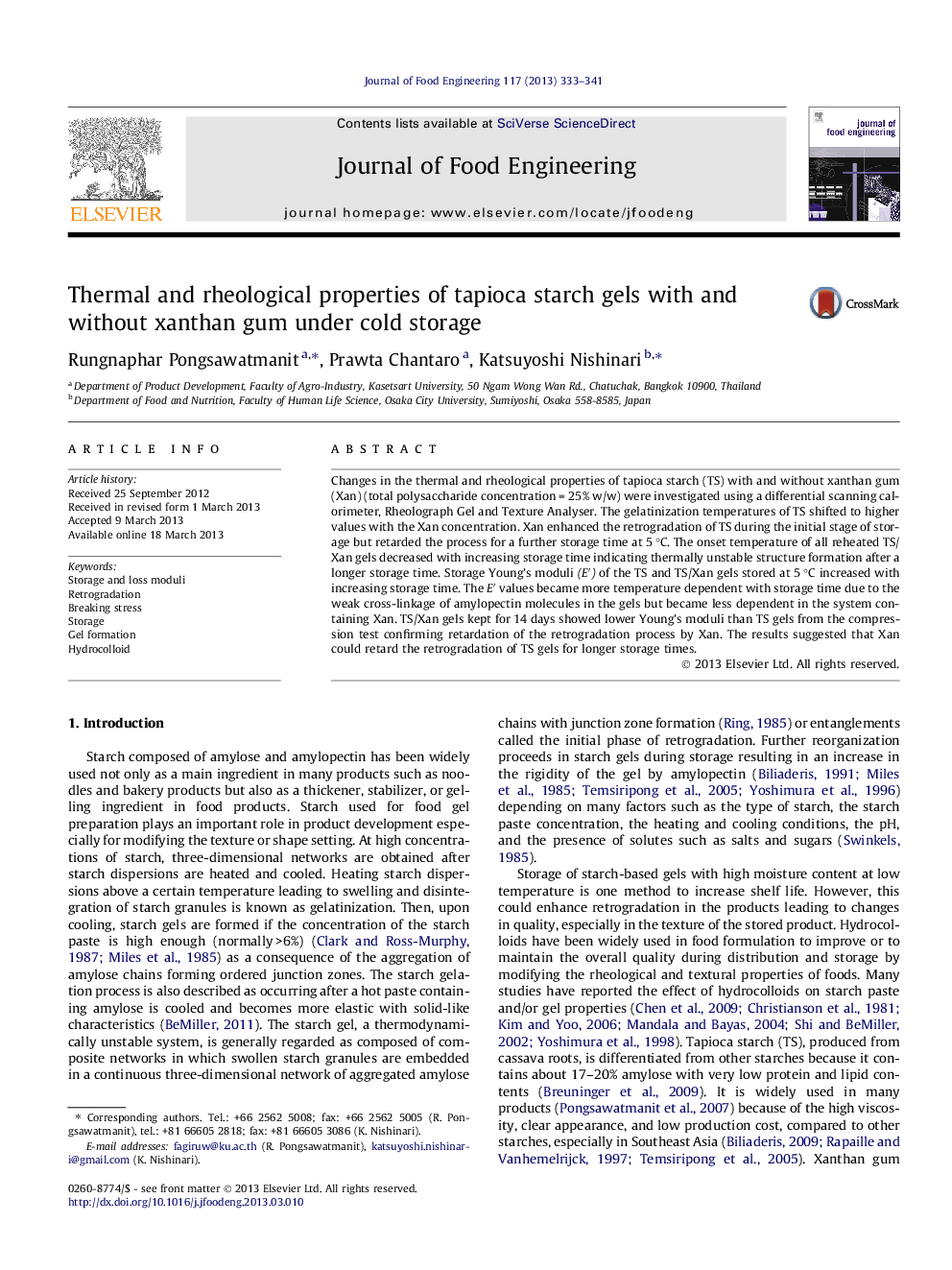 Thermal and rheological properties of tapioca starch gels with and without xanthan gum under cold storage