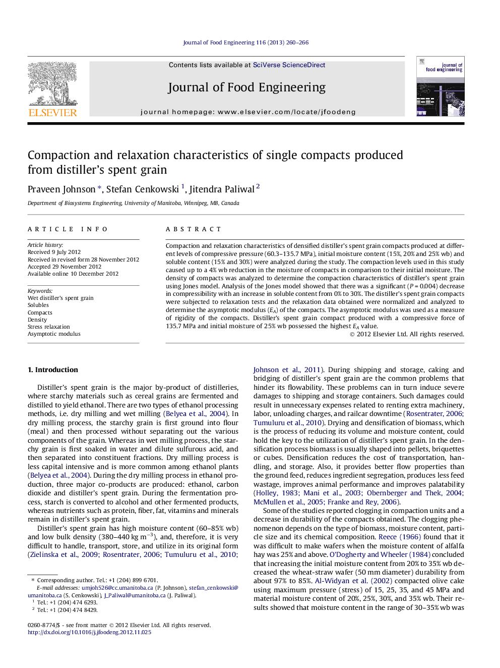 Compaction and relaxation characteristics of single compacts produced from distiller's spent grain