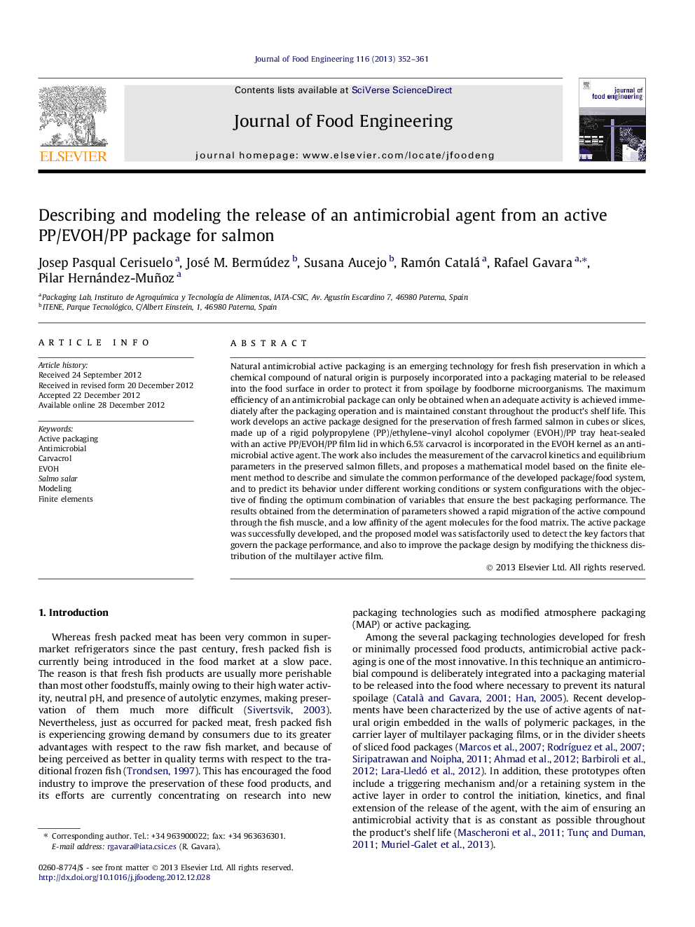 Describing and modeling the release of an antimicrobial agent from an active PP/EVOH/PP package for salmon