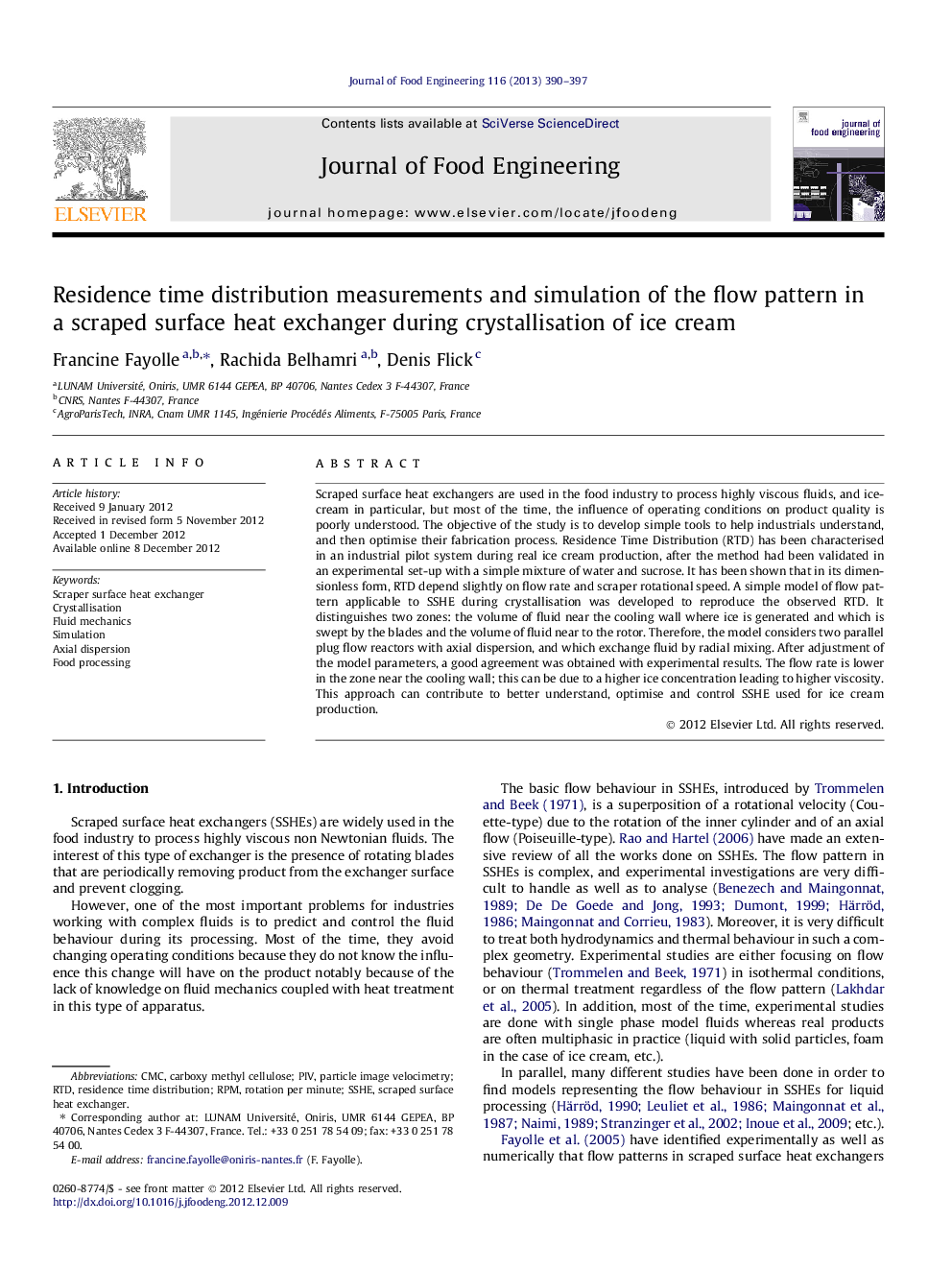 Residence time distribution measurements and simulation of the flow pattern in a scraped surface heat exchanger during crystallisation of ice cream