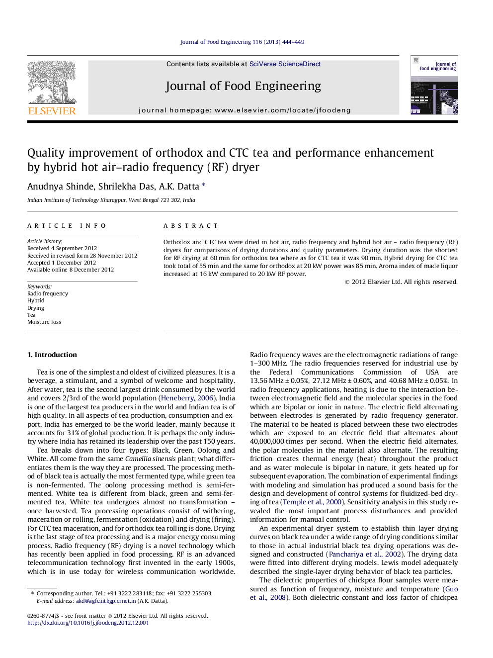 Quality improvement of orthodox and CTC tea and performance enhancement by hybrid hot air–radio frequency (RF) dryer