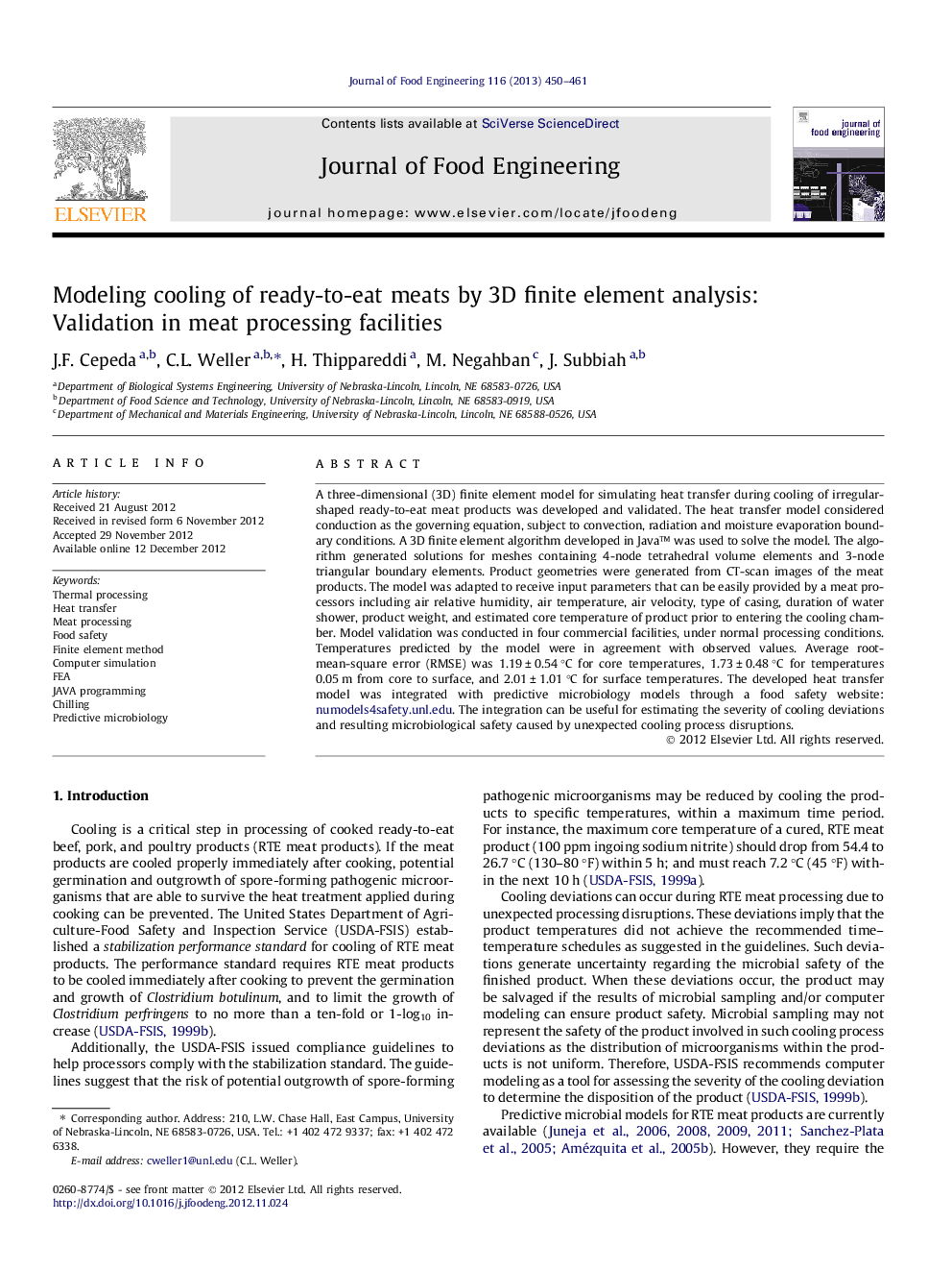 Modeling cooling of ready-to-eat meats by 3D finite element analysis: Validation in meat processing facilities