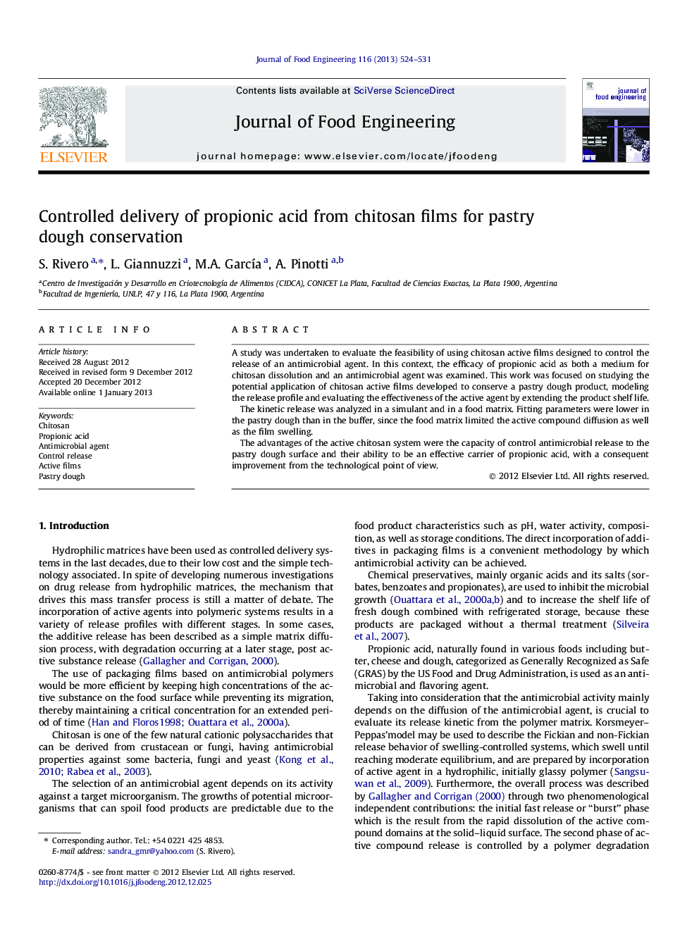 Controlled delivery of propionic acid from chitosan films for pastry dough conservation