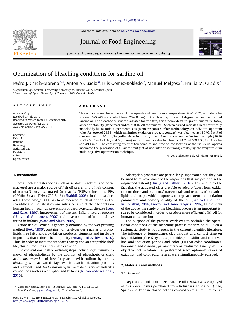 Optimization of bleaching conditions for sardine oil