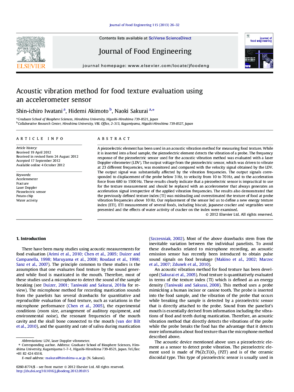 Acoustic vibration method for food texture evaluation using an accelerometer sensor