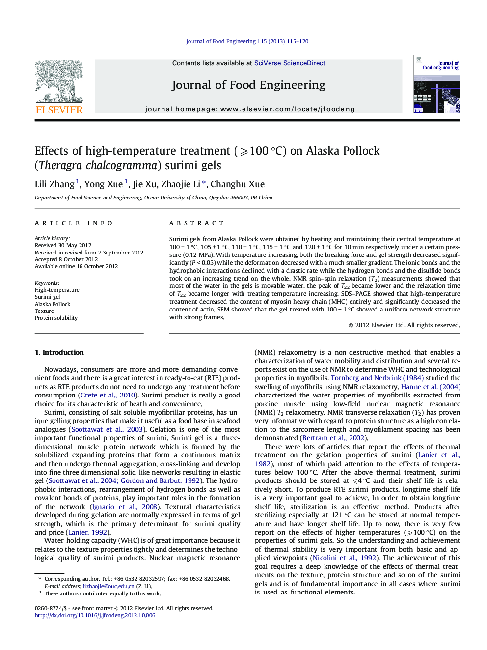 Effects of high-temperature treatment (⩾100 °C) on Alaska Pollock (Theragra chalcogramma) surimi gels