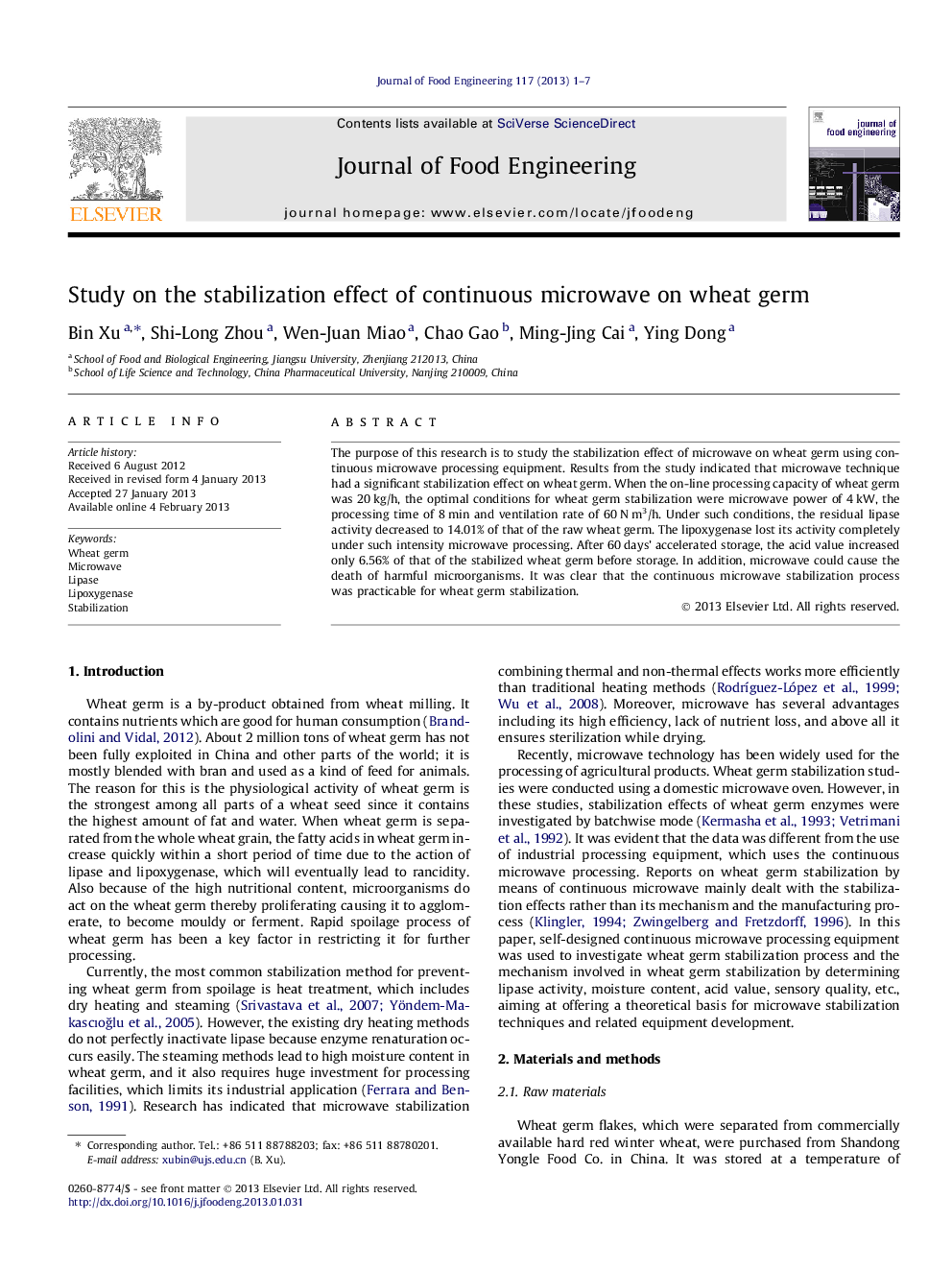 Study on the stabilization effect of continuous microwave on wheat germ