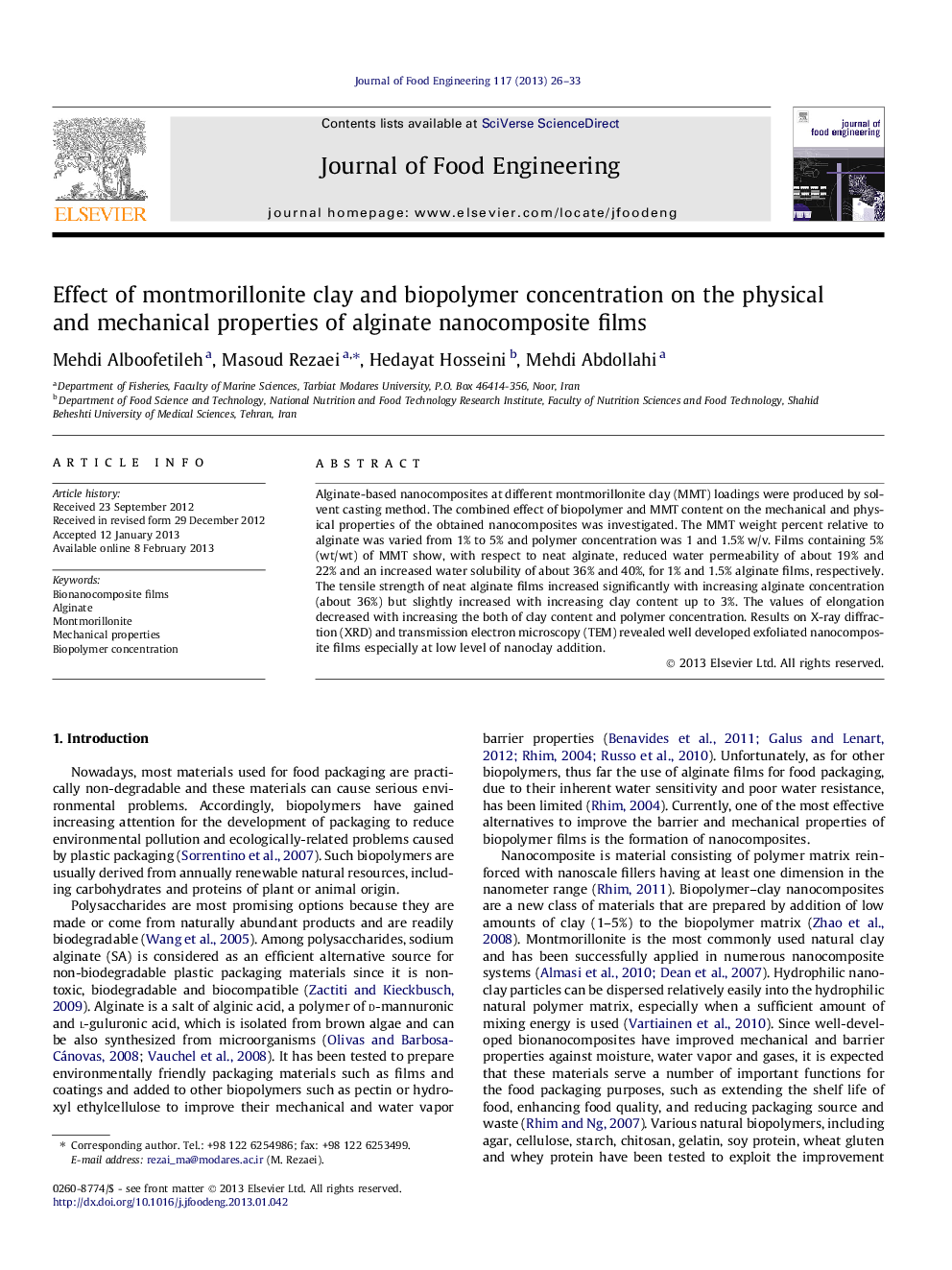 Effect of montmorillonite clay and biopolymer concentration on the physical and mechanical properties of alginate nanocomposite films