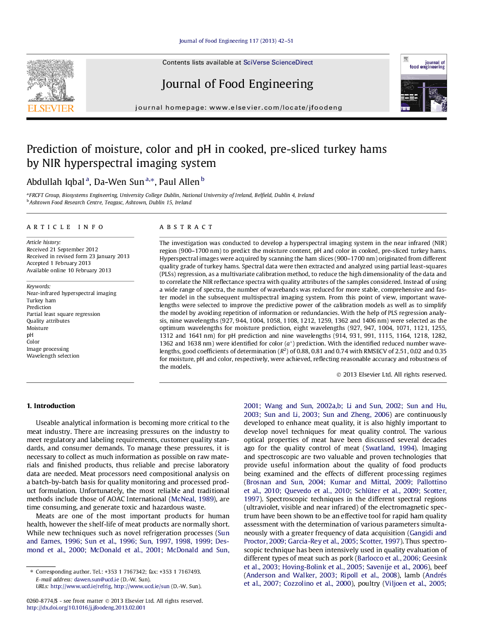 Prediction of moisture, color and pH in cooked, pre-sliced turkey hams by NIR hyperspectral imaging system