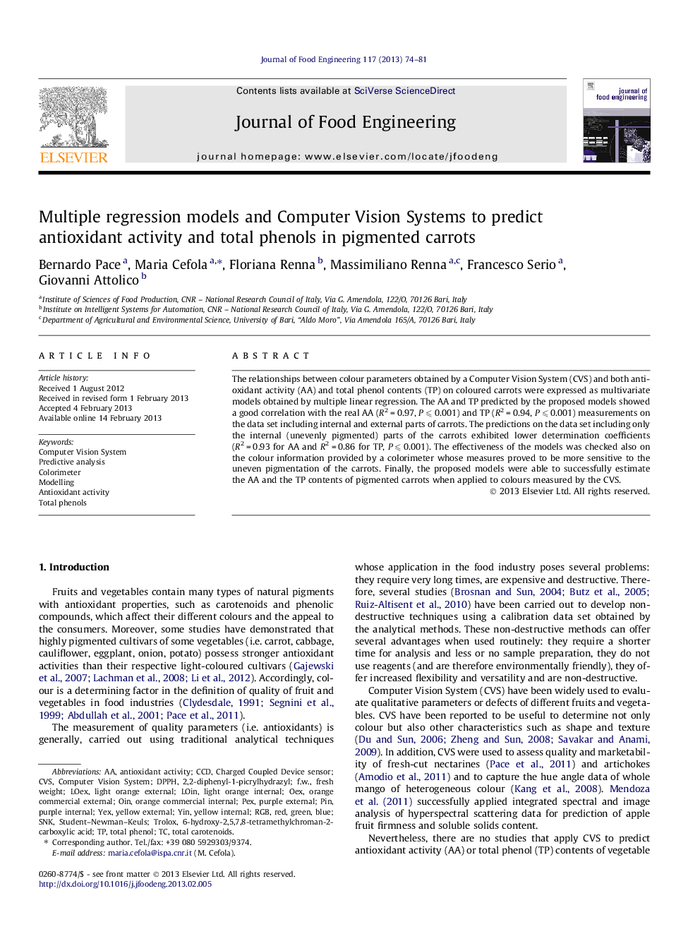 Multiple regression models and Computer Vision Systems to predict antioxidant activity and total phenols in pigmented carrots