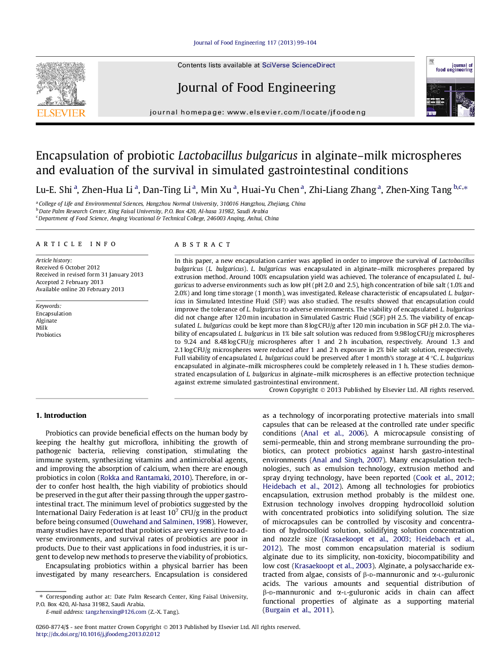 Encapsulation of probiotic Lactobacillus bulgaricus in alginate–milk microspheres and evaluation of the survival in simulated gastrointestinal conditions