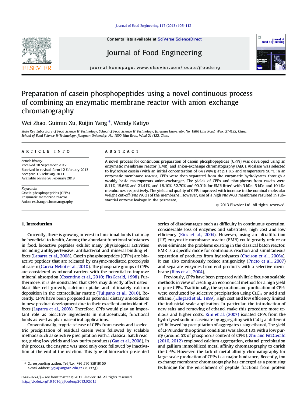 Preparation of casein phosphopeptides using a novel continuous process of combining an enzymatic membrane reactor with anion-exchange chromatography