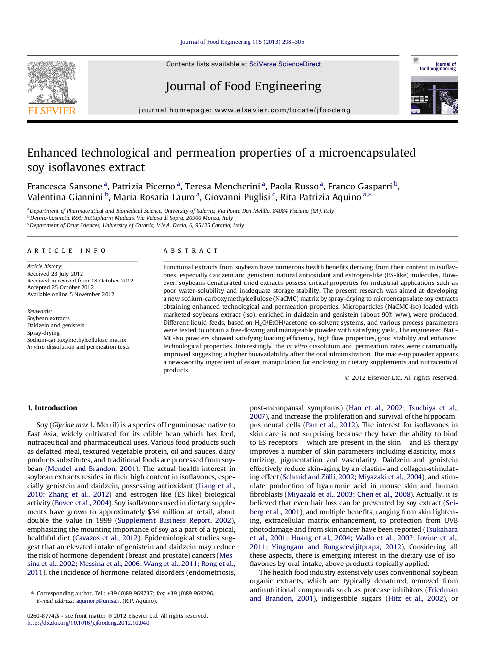 Enhanced technological and permeation properties of a microencapsulated soy isoflavones extract