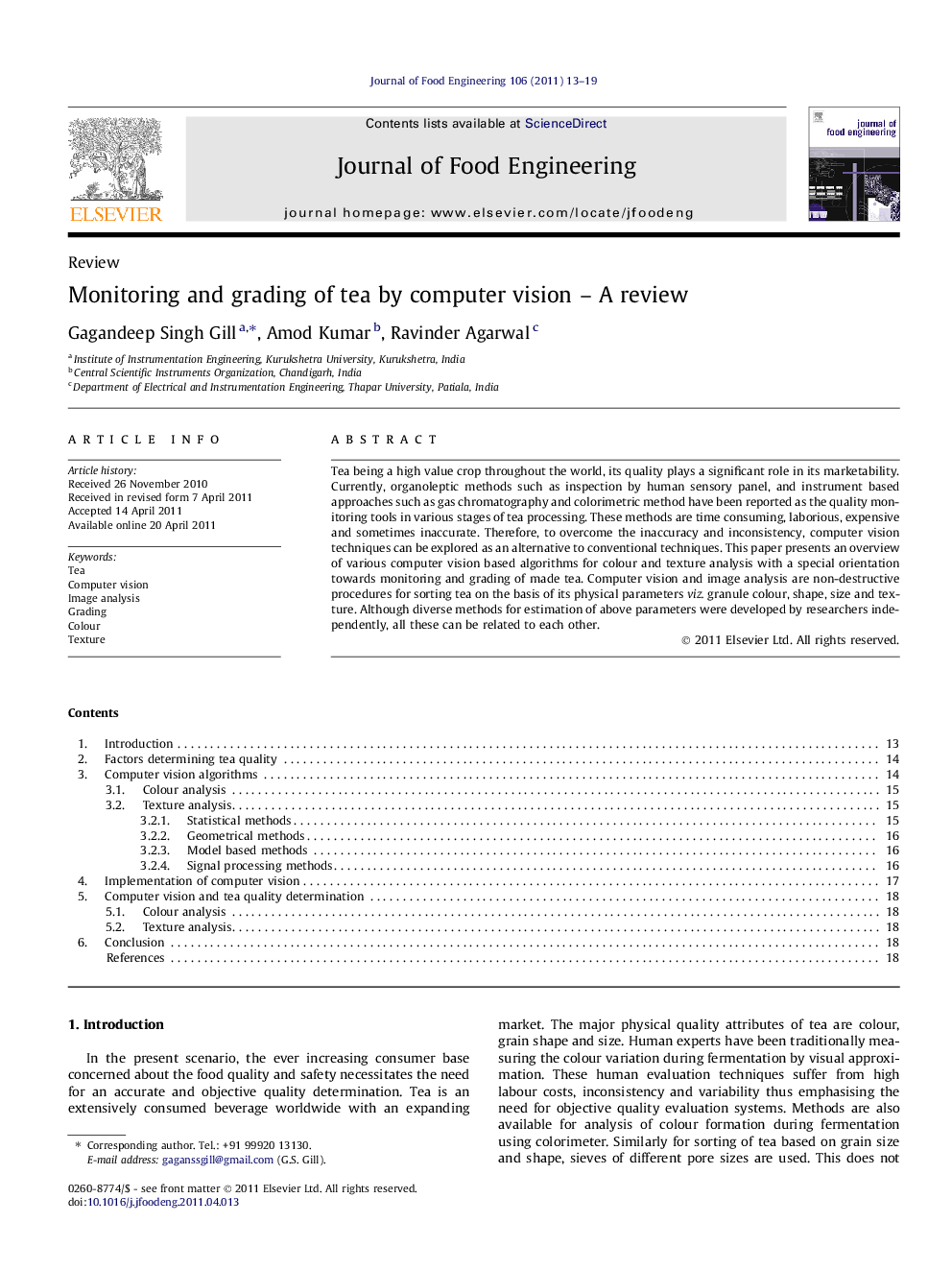 Monitoring and grading of tea by computer vision – A review