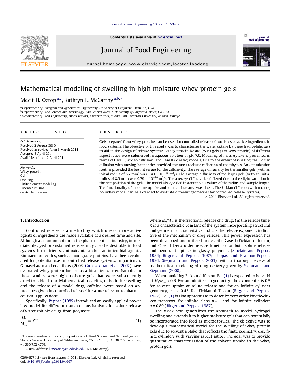 Mathematical modeling of swelling in high moisture whey protein gels