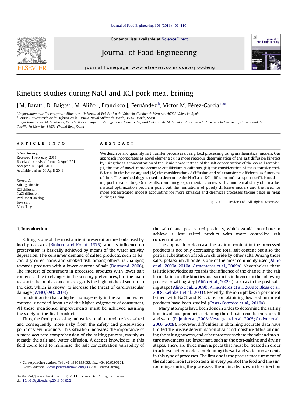 Kinetics studies during NaCl and KCl pork meat brining