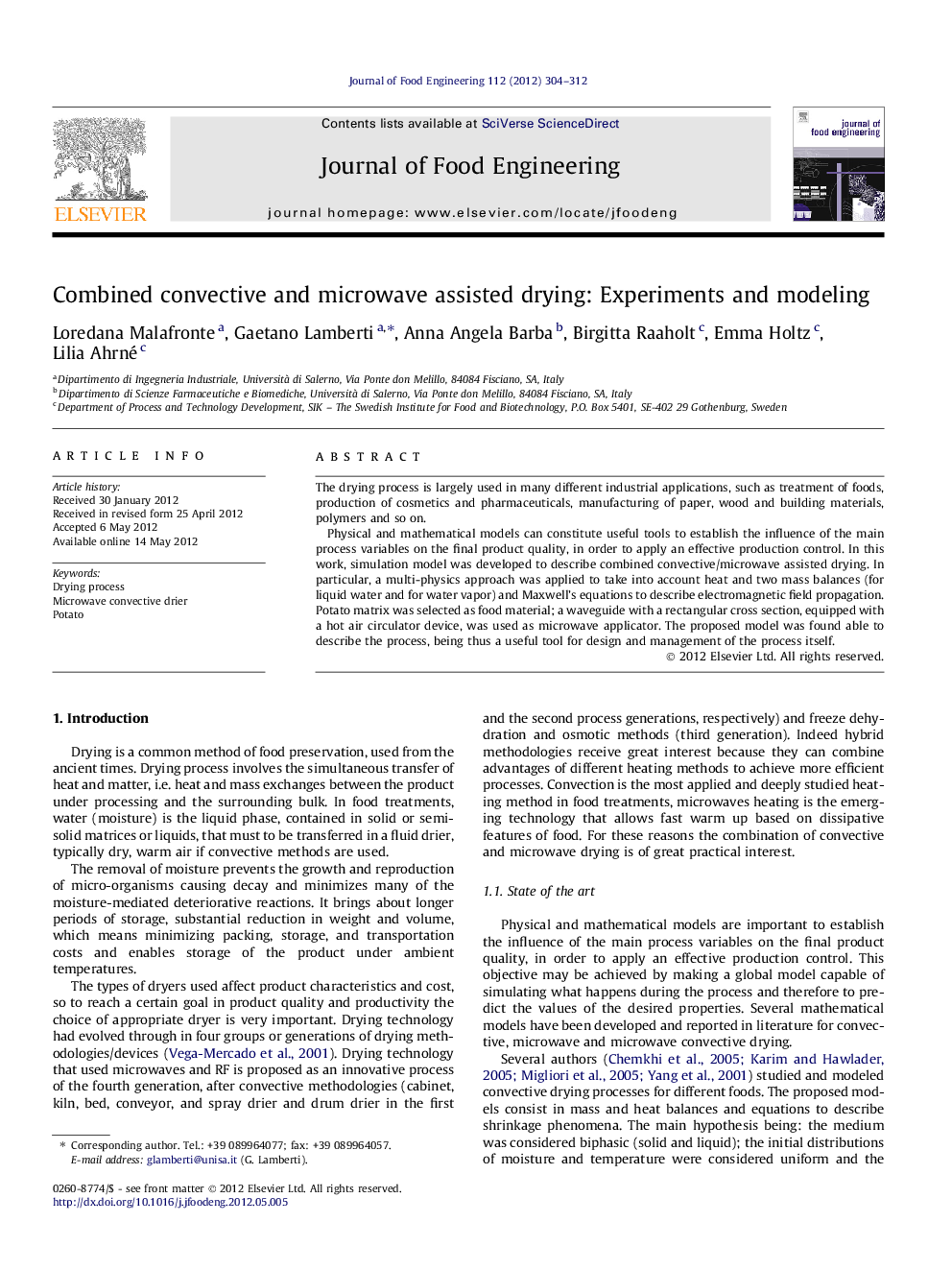 Combined convective and microwave assisted drying: Experiments and modeling