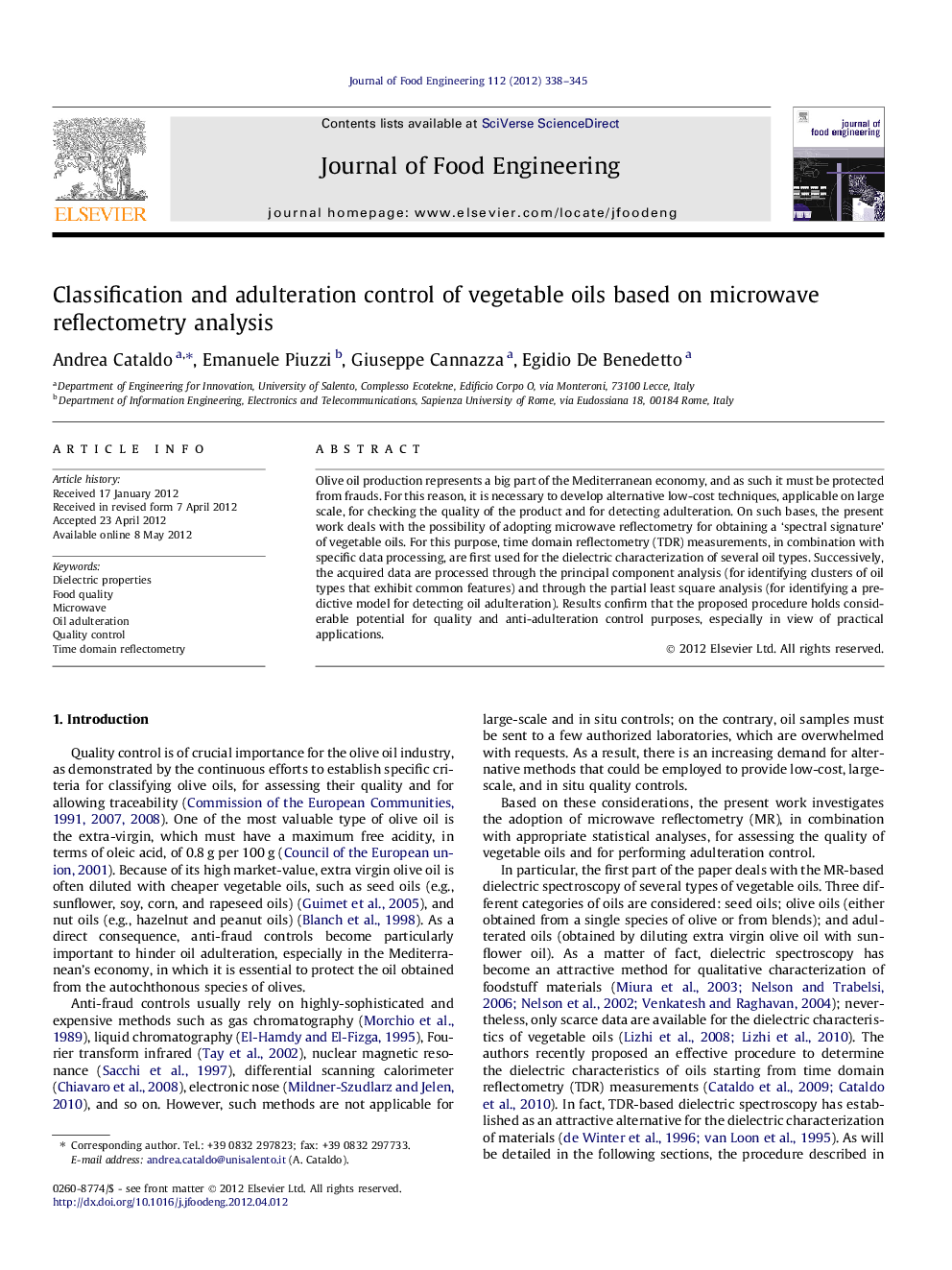 Classification and adulteration control of vegetable oils based on microwave reflectometry analysis