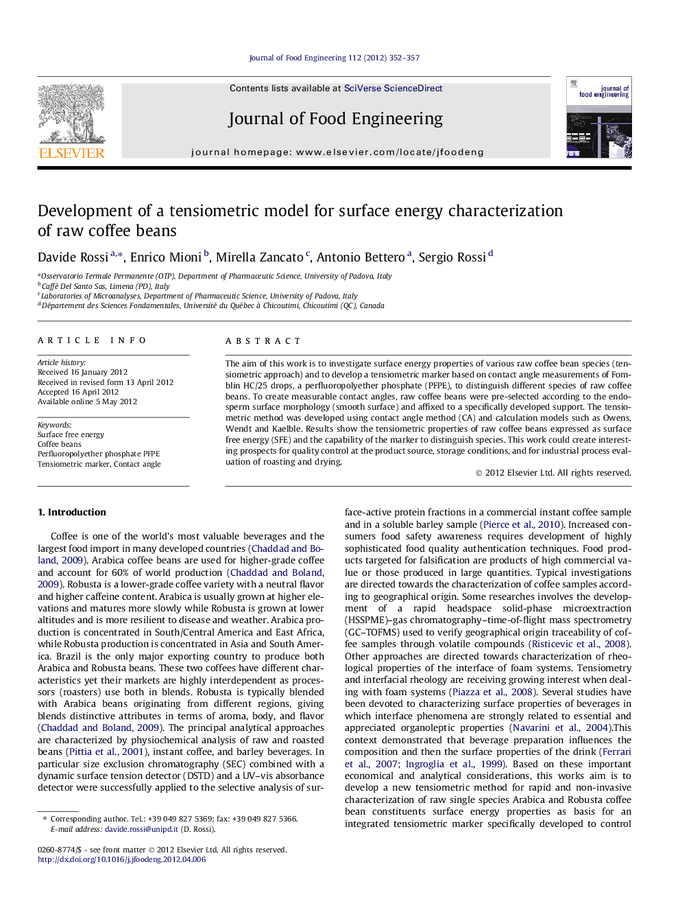 Development of a tensiometric model for surface energy characterization of raw coffee beans