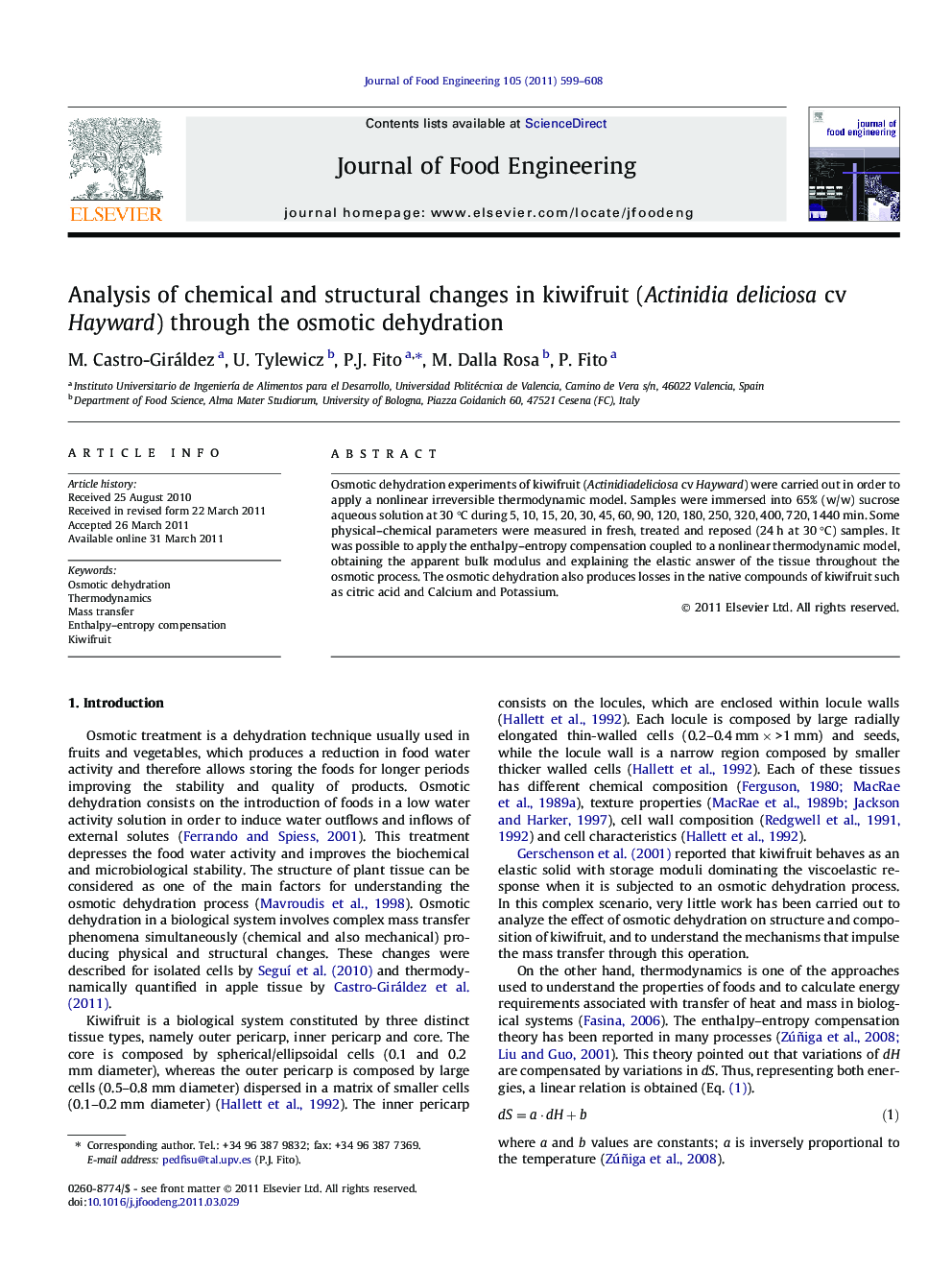 Analysis of chemical and structural changes in kiwifruit (Actinidia deliciosa cv Hayward) through the osmotic dehydration