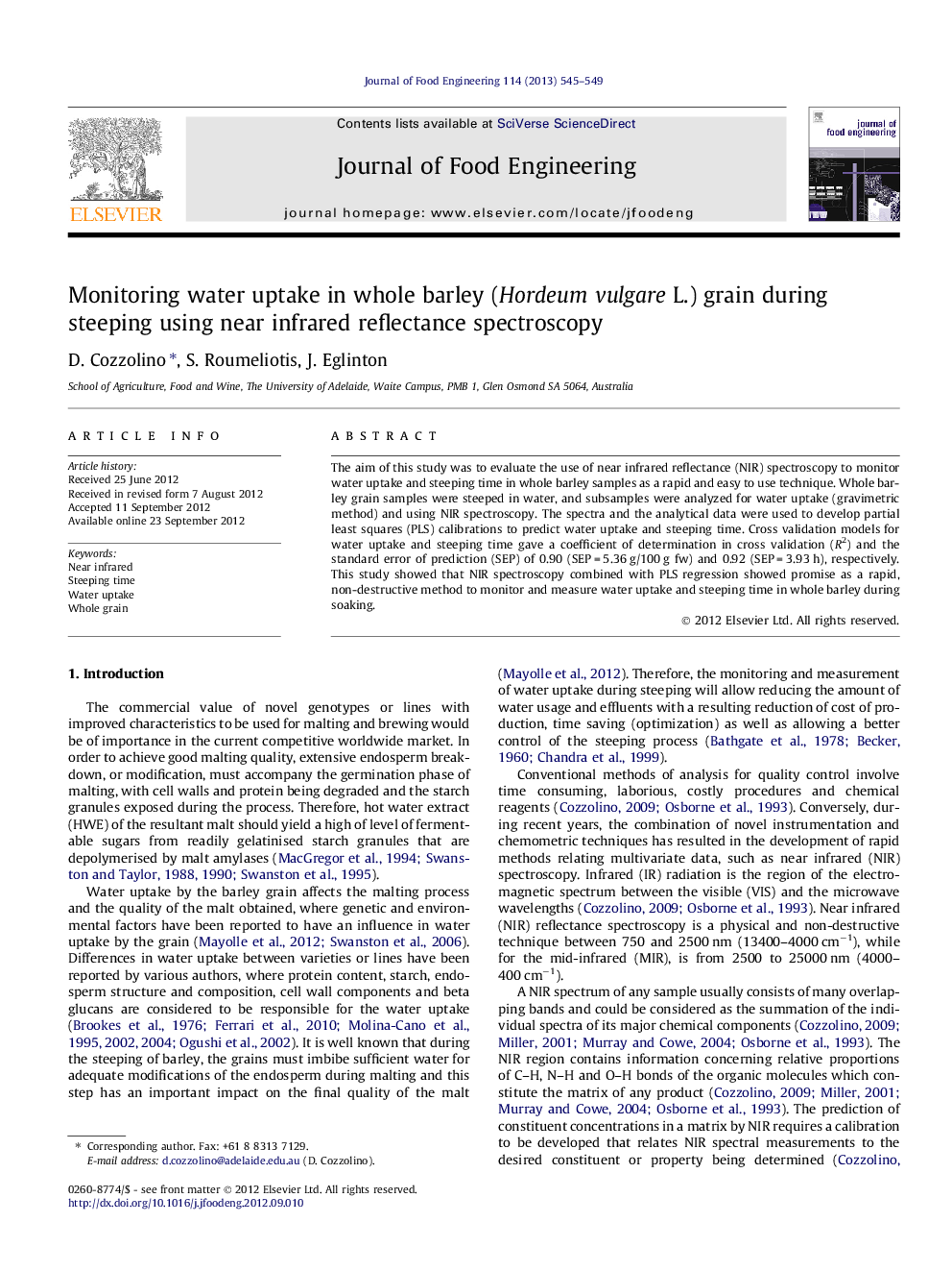 Monitoring water uptake in whole barley (Hordeum vulgare L.) grain during steeping using near infrared reflectance spectroscopy