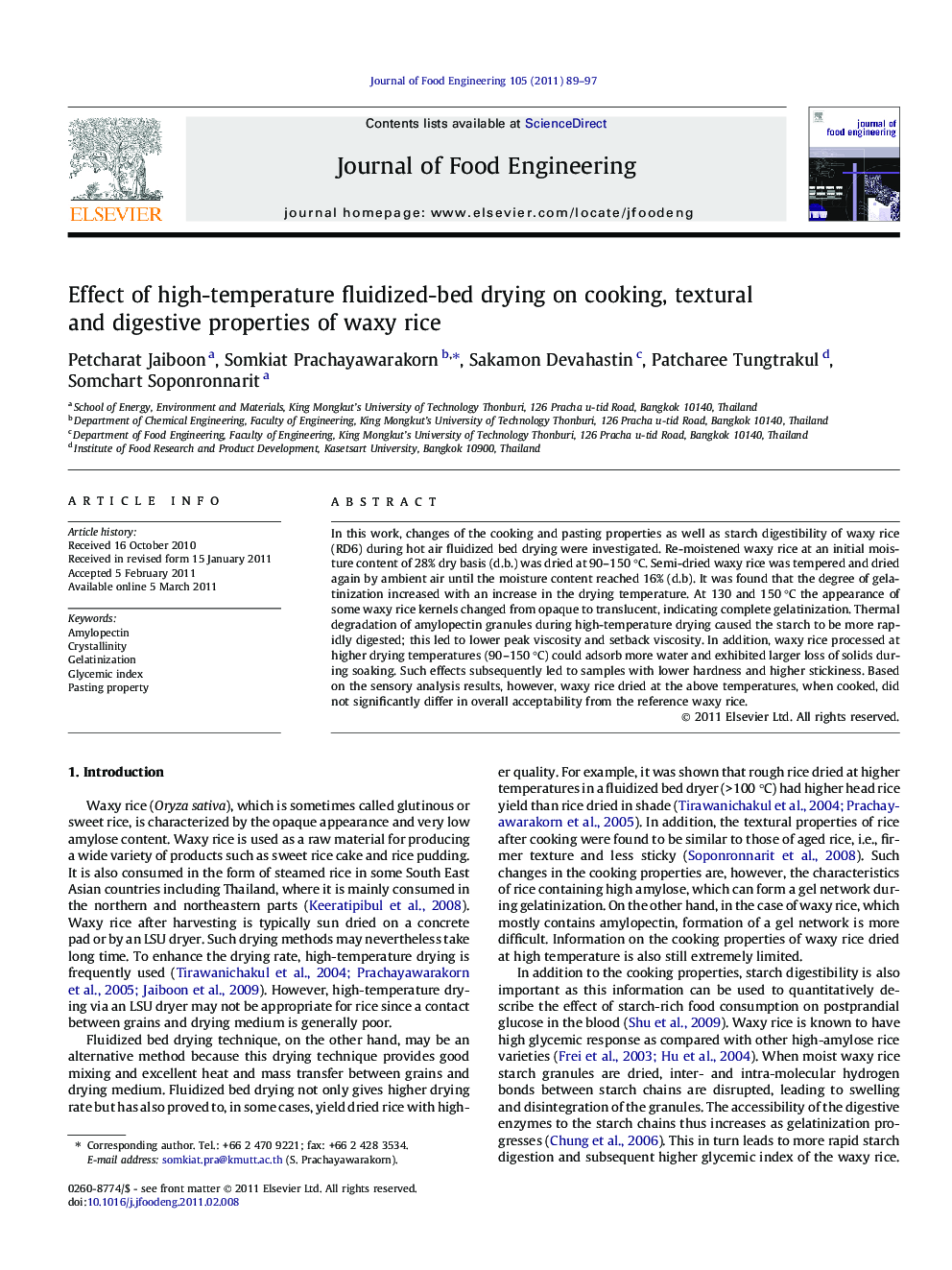 Effect of high-temperature fluidized-bed drying on cooking, textural and digestive properties of waxy rice