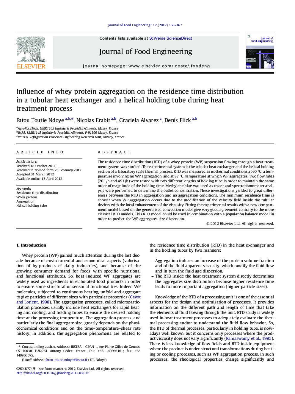 Influence of whey protein aggregation on the residence time distribution in a tubular heat exchanger and a helical holding tube during heat treatment process