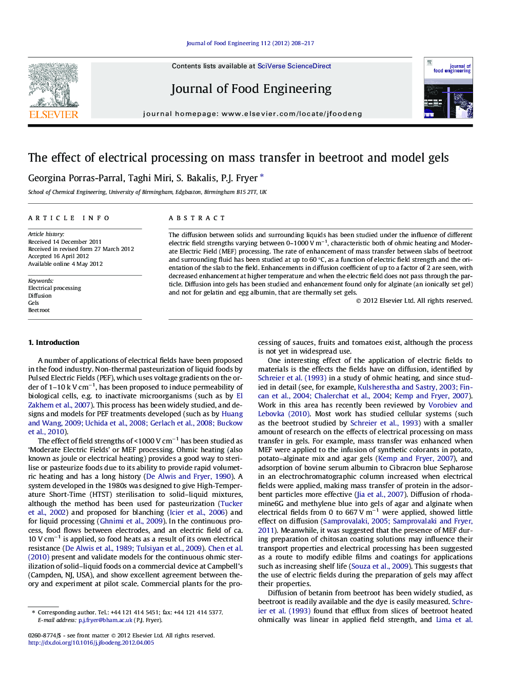 The effect of electrical processing on mass transfer in beetroot and model gels