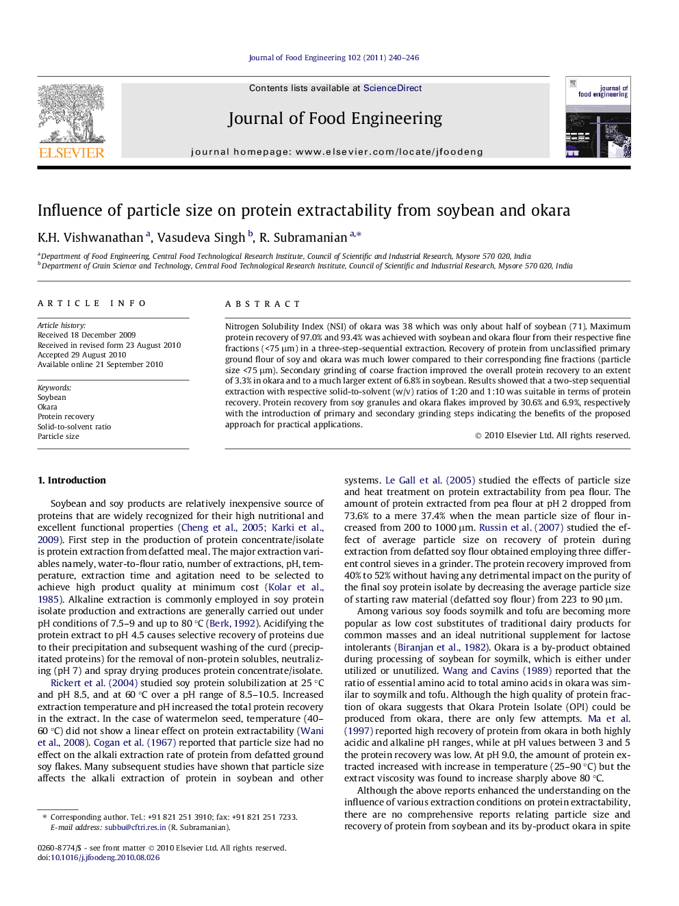 Influence of particle size on protein extractability from soybean and okara