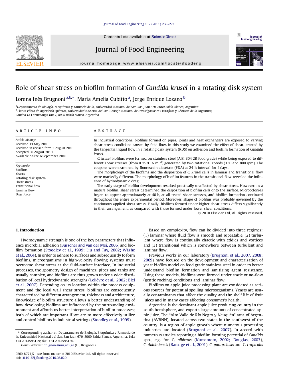 Role of shear stress on biofilm formation of Candida krusei in a rotating disk system