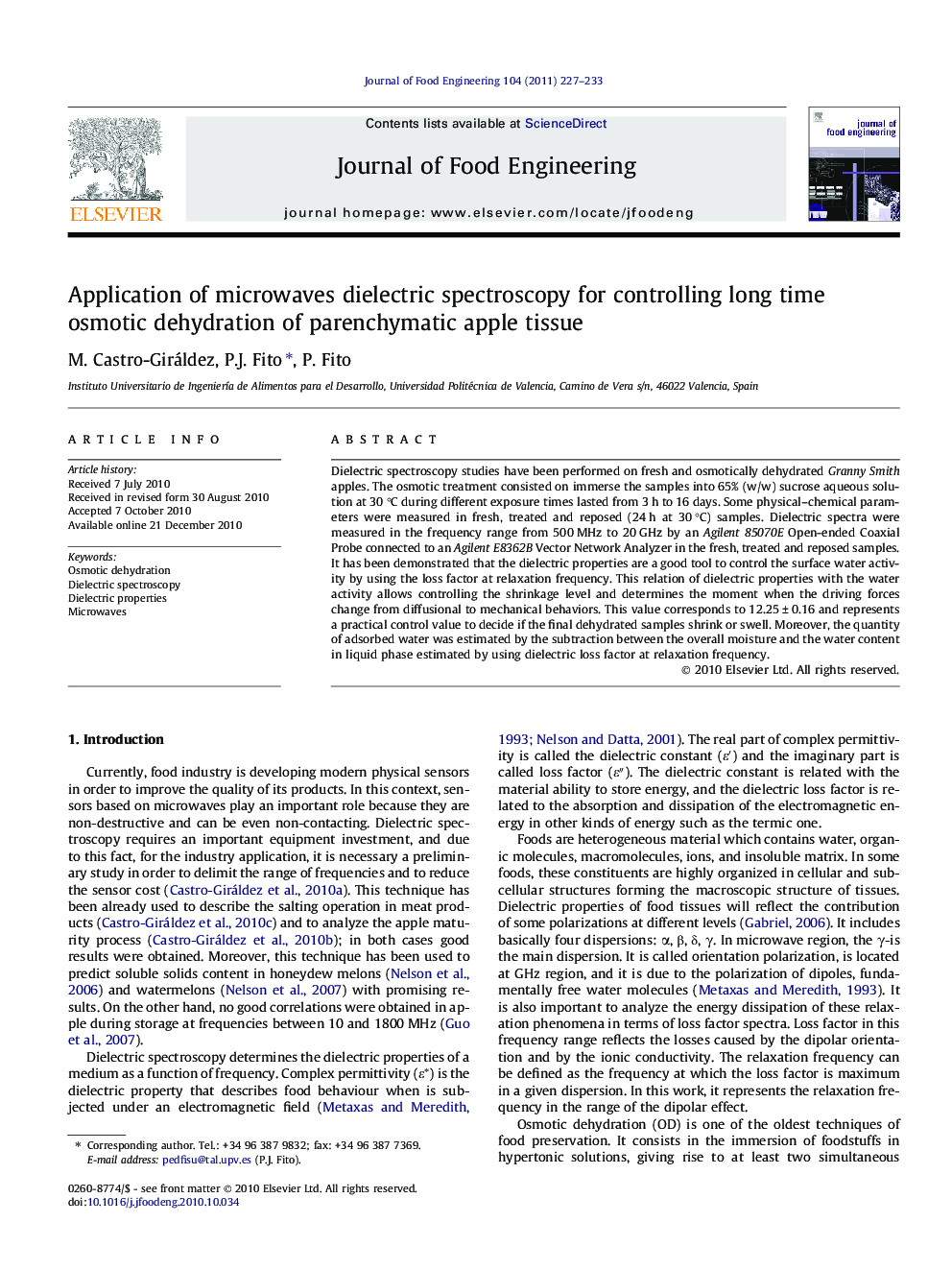 Application of microwaves dielectric spectroscopy for controlling long time osmotic dehydration of parenchymatic apple tissue