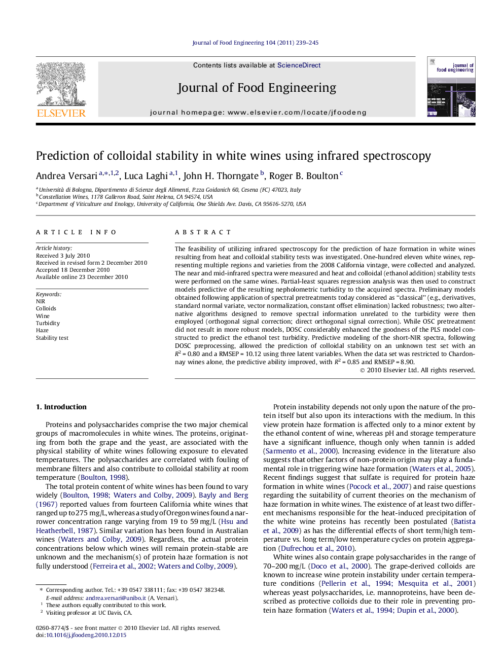 Prediction of colloidal stability in white wines using infrared spectroscopy