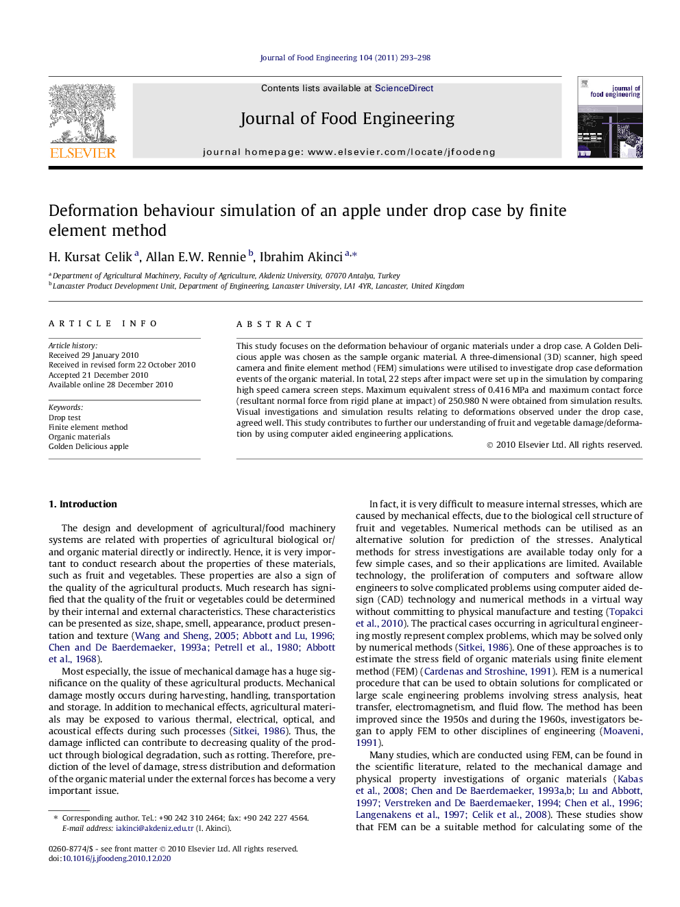 Deformation behaviour simulation of an apple under drop case by finite element method