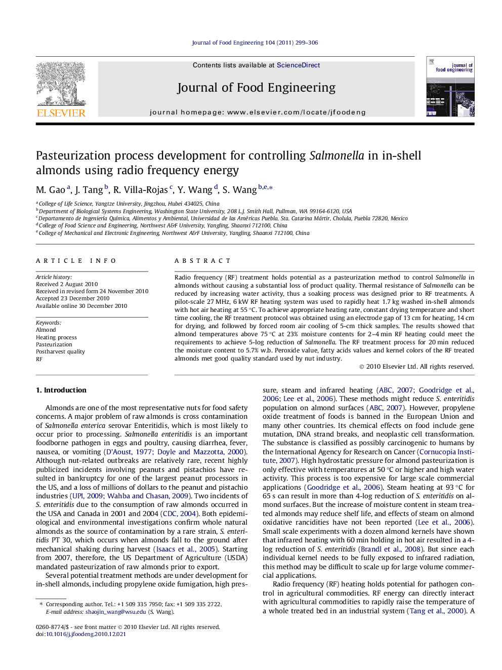 Pasteurization process development for controlling Salmonella in in-shell almonds using radio frequency energy