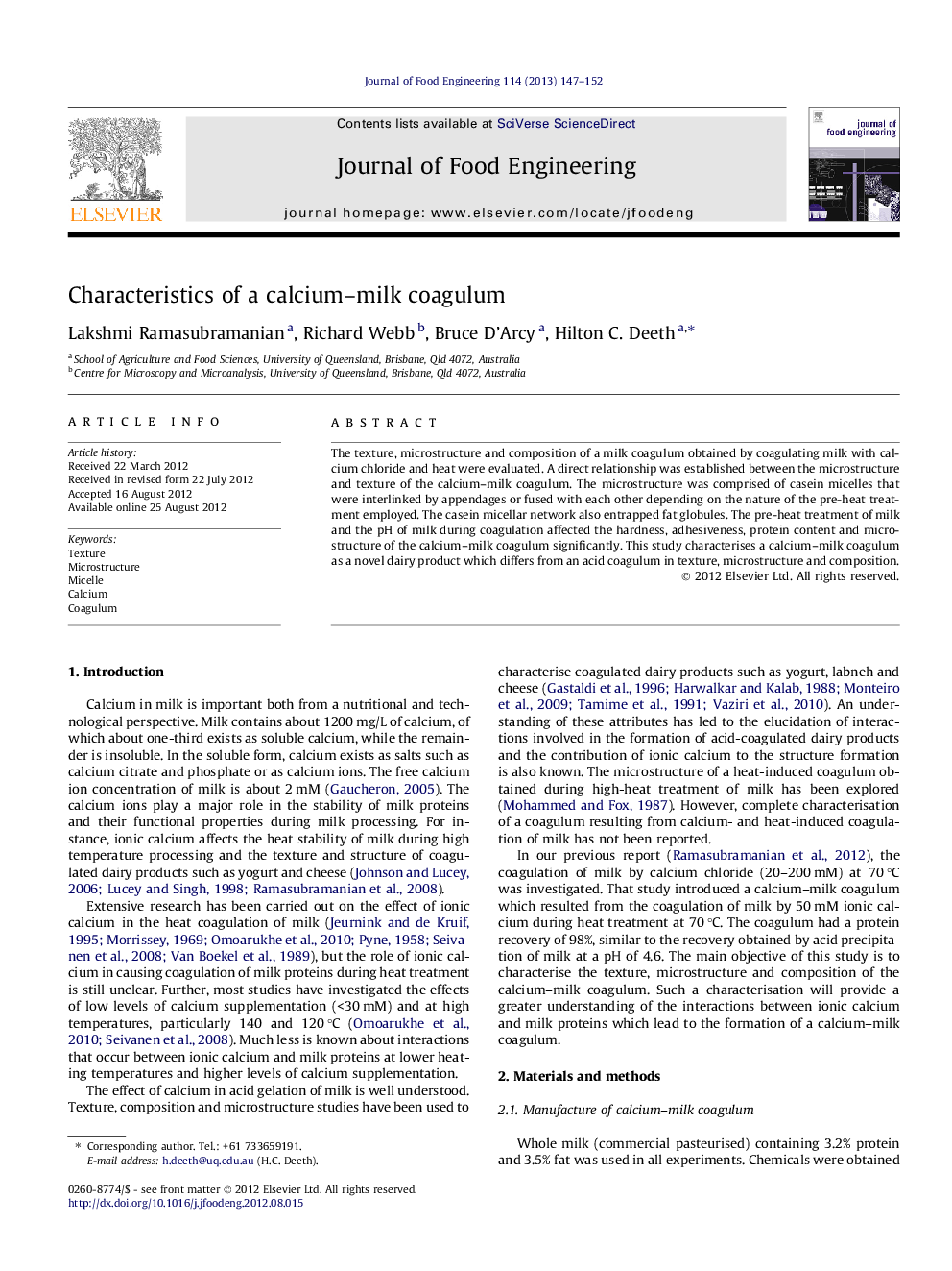 Characteristics of a calcium–milk coagulum