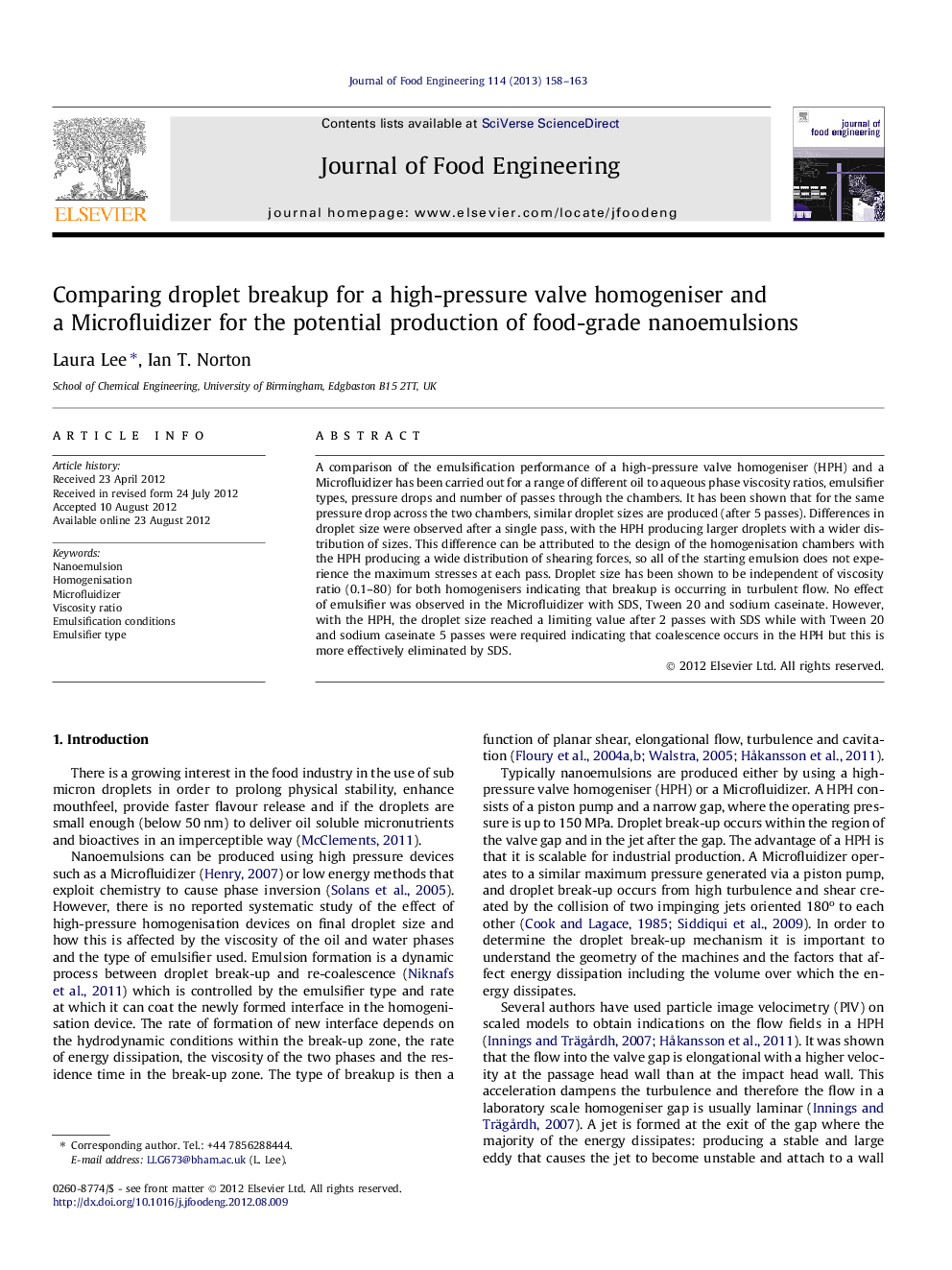 Comparing droplet breakup for a high-pressure valve homogeniser and a Microfluidizer for the potential production of food-grade nanoemulsions