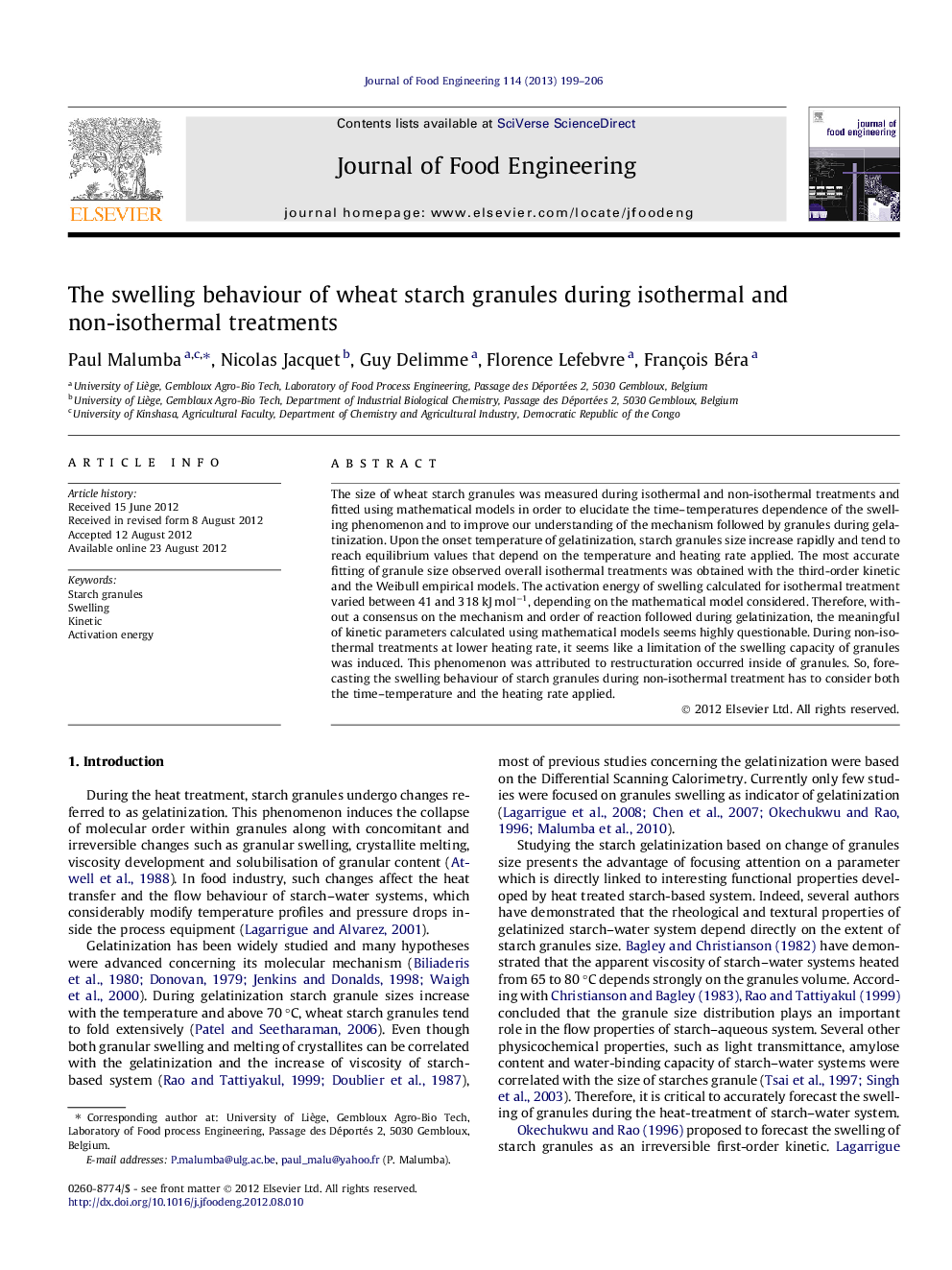 The swelling behaviour of wheat starch granules during isothermal and non-isothermal treatments