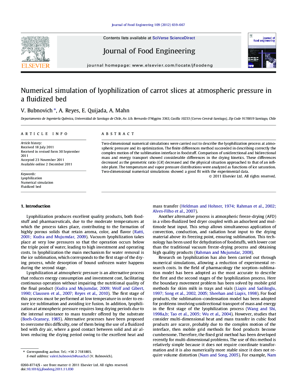 Numerical simulation of lyophilization of carrot slices at atmospheric pressure in a fluidized bed