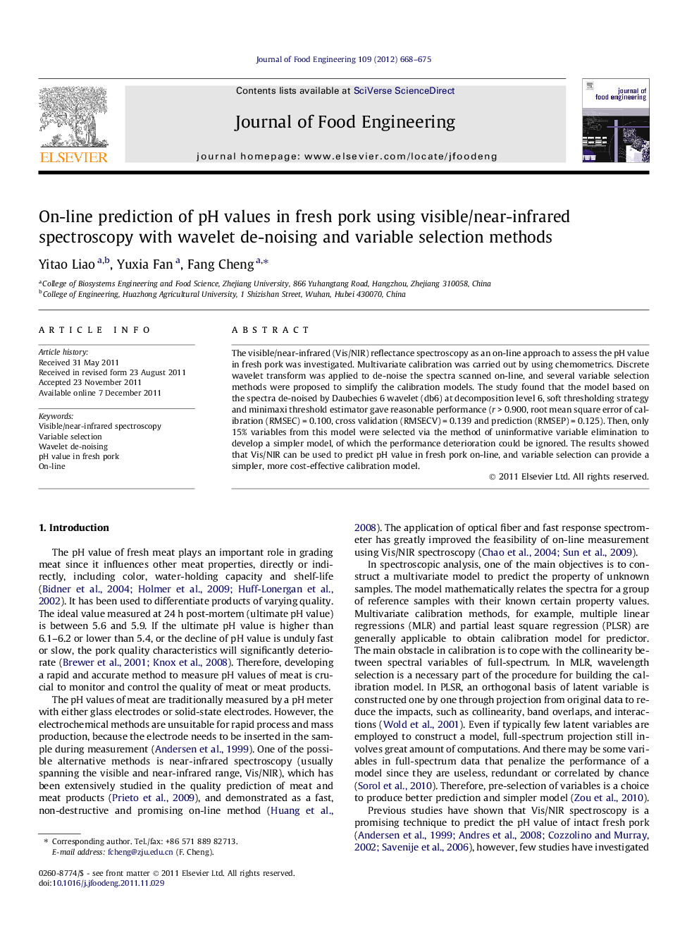 On-line prediction of pH values in fresh pork using visible/near-infrared spectroscopy with wavelet de-noising and variable selection methods