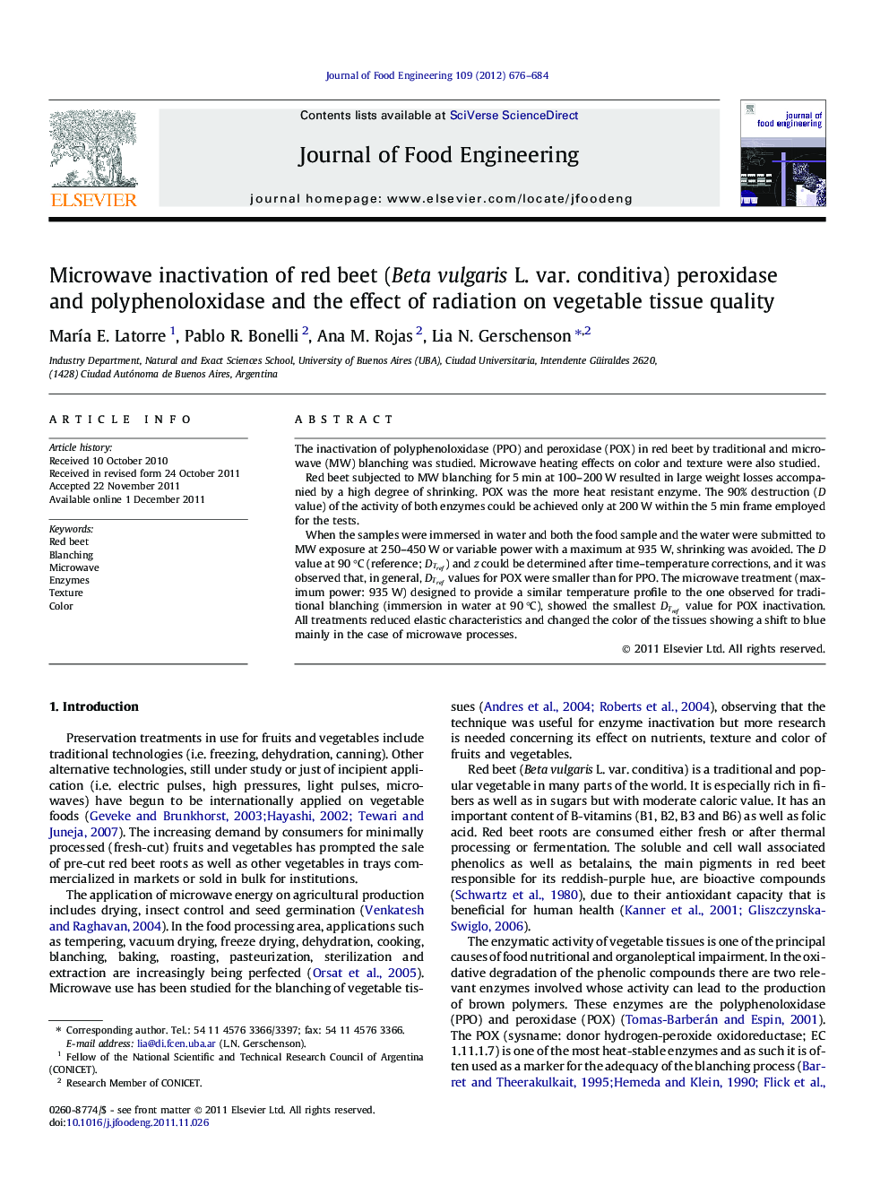 Microwave inactivation of red beet (Beta vulgaris L. var. conditiva) peroxidase and polyphenoloxidase and the effect of radiation on vegetable tissue quality