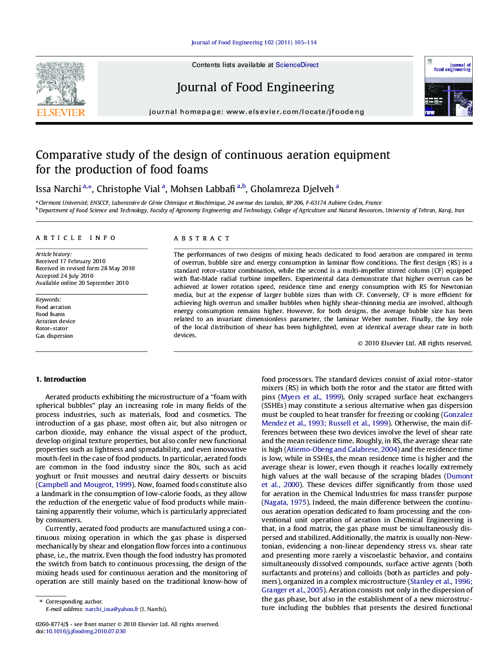 Comparative study of the design of continuous aeration equipment for the production of food foams