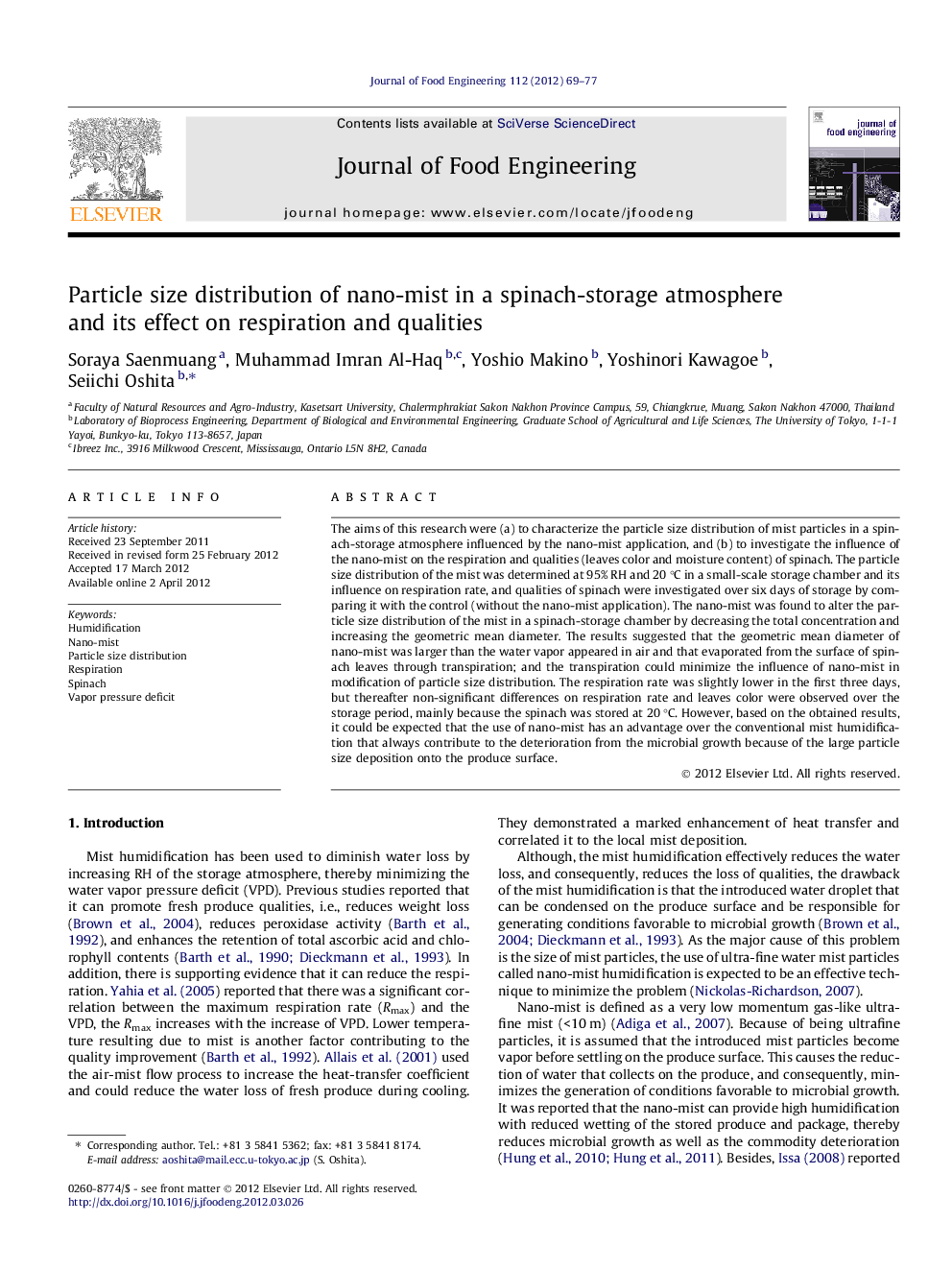 Particle size distribution of nano-mist in a spinach-storage atmosphere and its effect on respiration and qualities