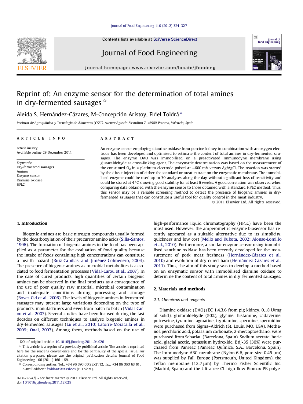 Reprint of: An enzyme sensor for the determination of total amines in dry-fermented sausages 