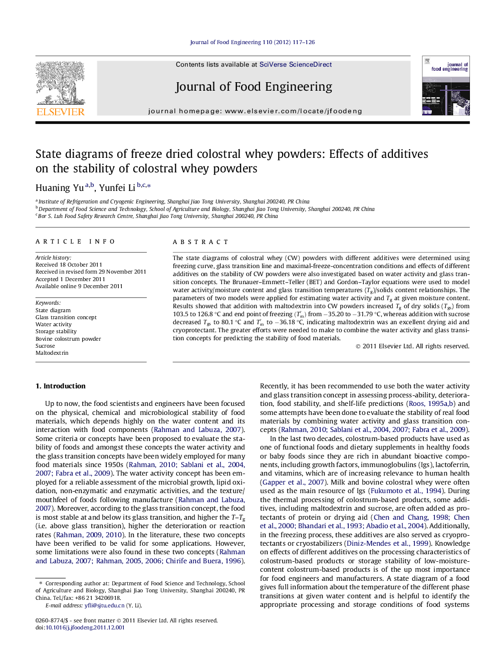 State diagrams of freeze dried colostral whey powders: Effects of additives on the stability of colostral whey powders