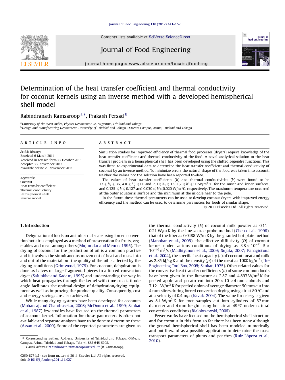 Determination of the heat transfer coefficient and thermal conductivity for coconut kernels using an inverse method with a developed hemispherical shell model