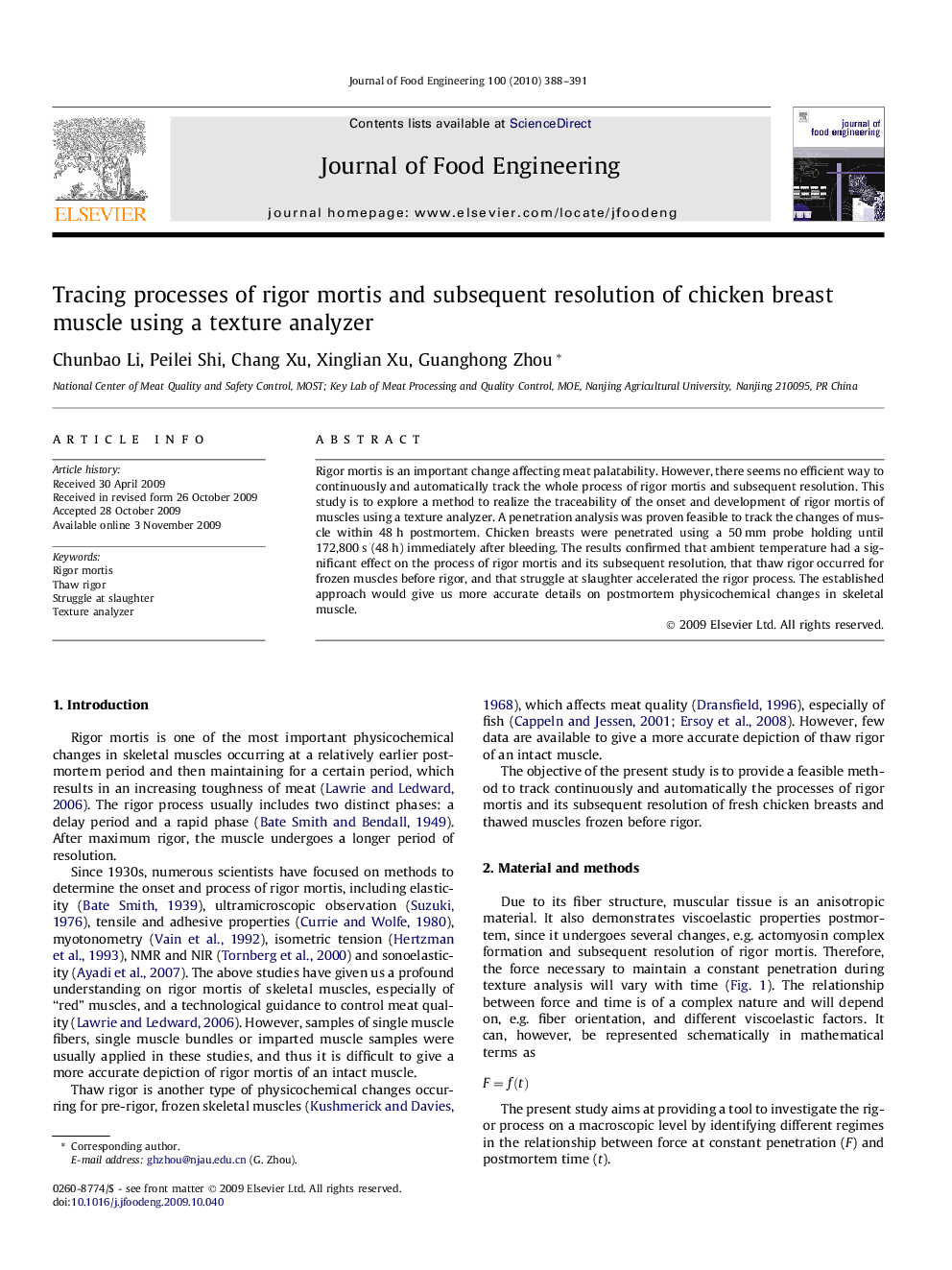 Tracing processes of rigor mortis and subsequent resolution of chicken breast muscle using a texture analyzer