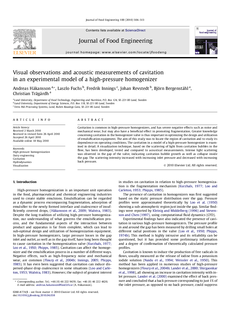 Visual observations and acoustic measurements of cavitation in an experimental model of a high-pressure homogenizer