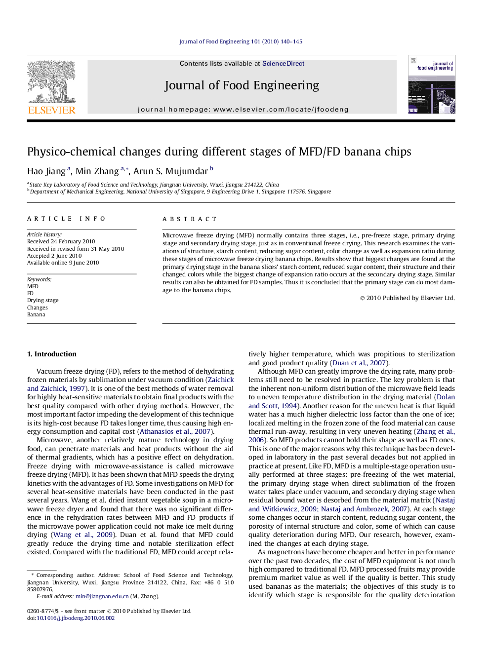 Physico-chemical changes during different stages of MFD/FD banana chips